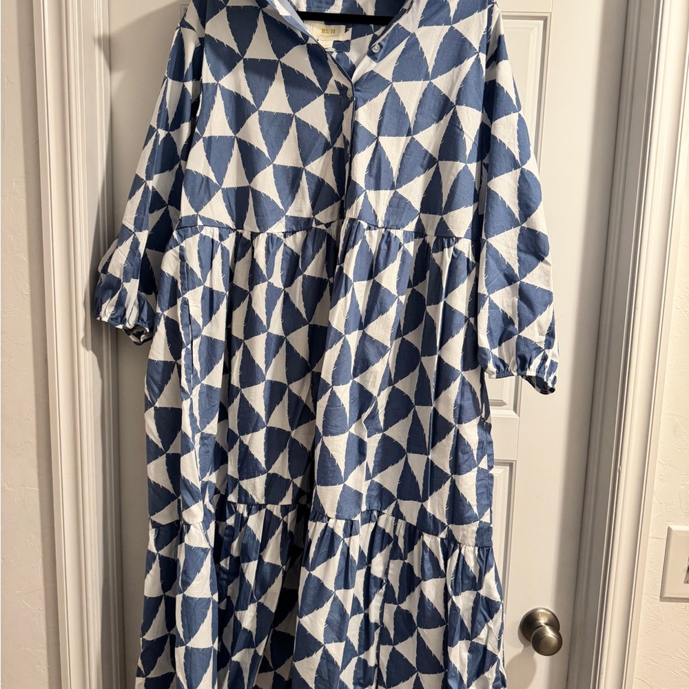 Maeve Blue & White Geometric Tiered Midi Dress